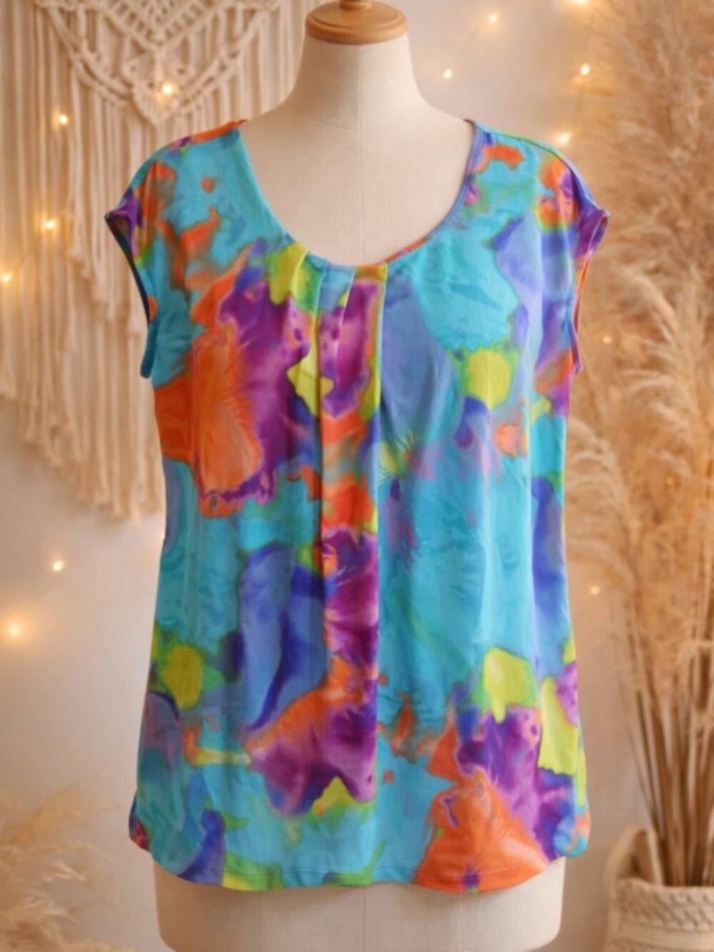 Worthington Abstract Watercolor Sleeveless Blouse Top Shirt L Boho Artistic Chic